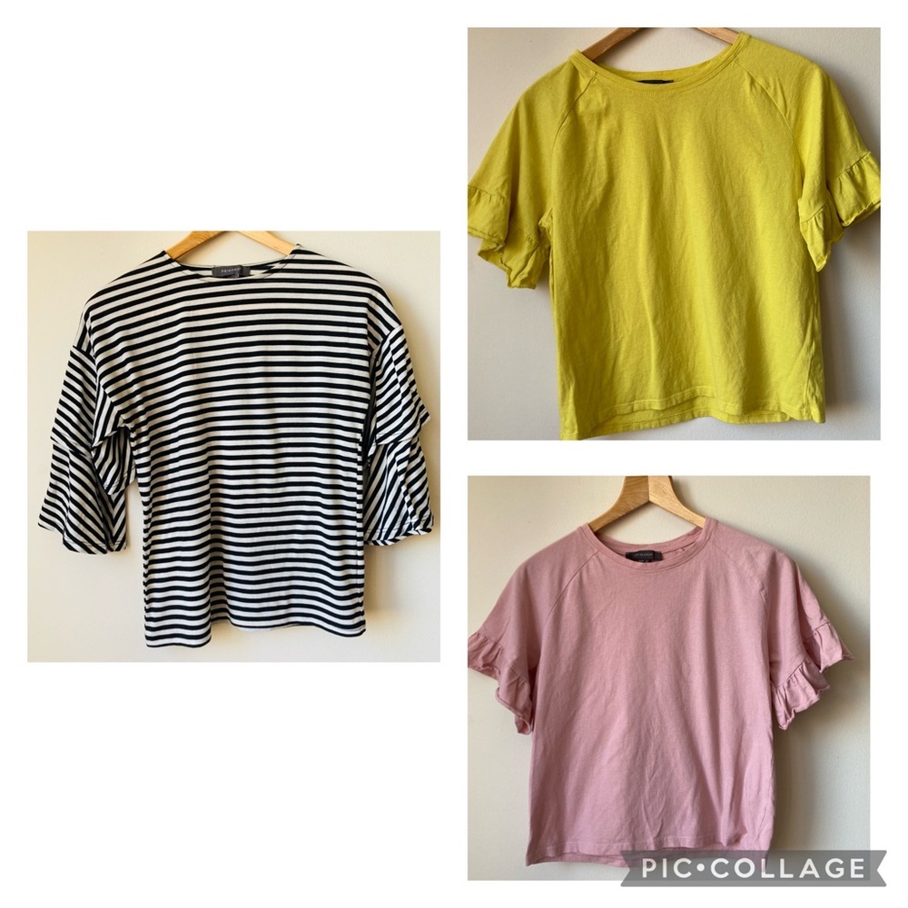 Primark Ruffled Sleeves Top Lot Women Sz 4 Mauve Yellow Black White Stripes Tee